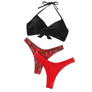 New Wrap knot back halter bikini top & 2 pack high cut bikini bottom black & red